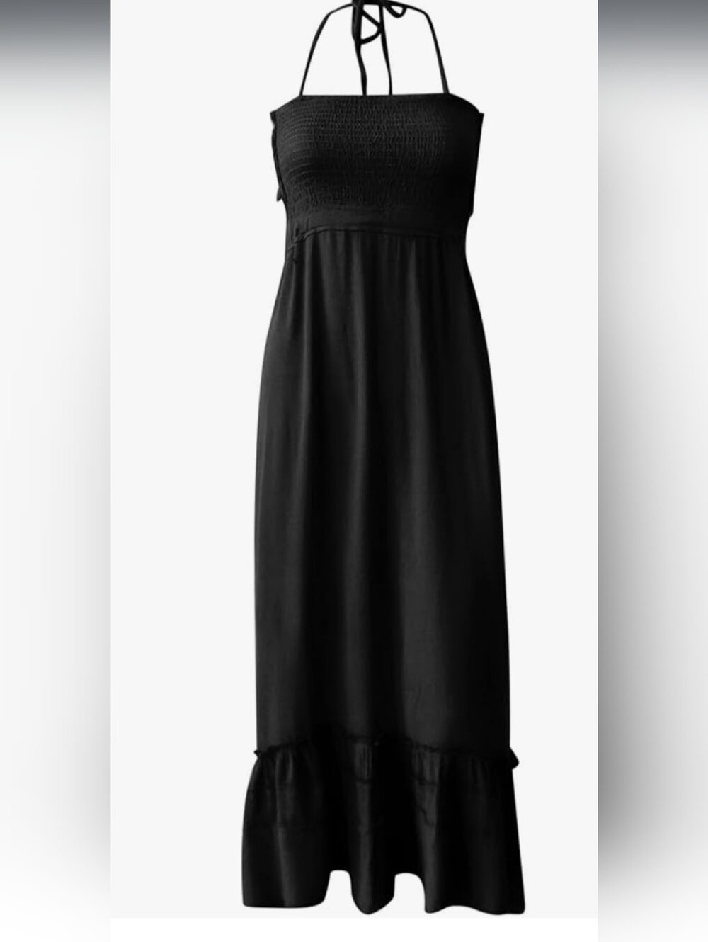 HYFVE Flowy Backless Gauzy Halter Ruched Maxi Black Low Cut Back L
